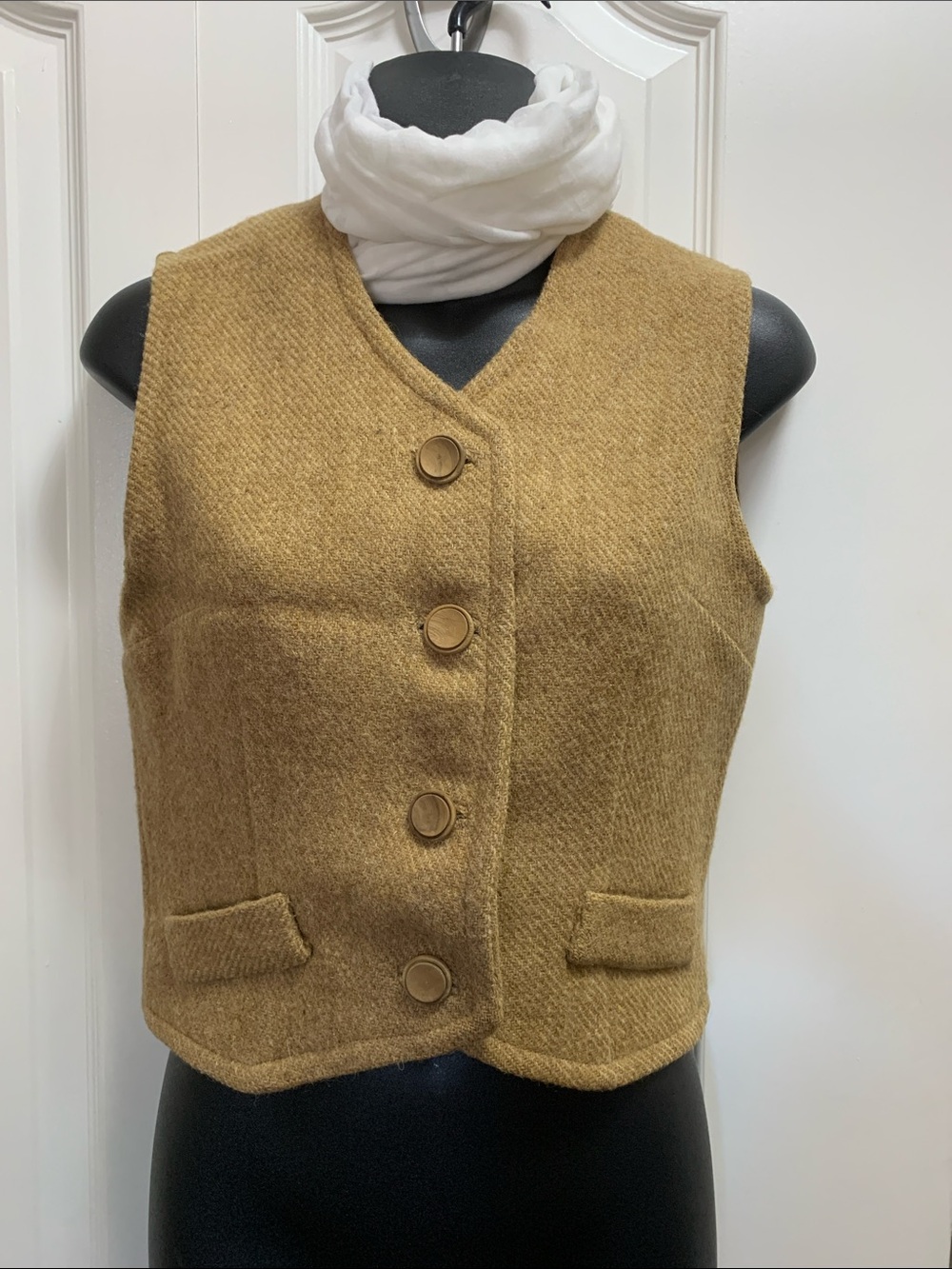 Vintage Tweed Camel Brown Waistcoat Vest Wooden Buttons